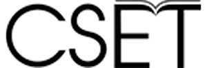The image shows the letters CSET in bold black font, with a stylized open book design integrated into the top of the letter E.