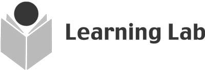 A grayscale logo with a stylized open book and a solid black circle above it, next to the words “Learning Lab” in bold text.