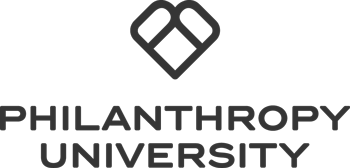 Logo for Philanthropy University featuring a geometric heart shape above the words “Philanthropy University” in bold, uppercase letters on a black background.