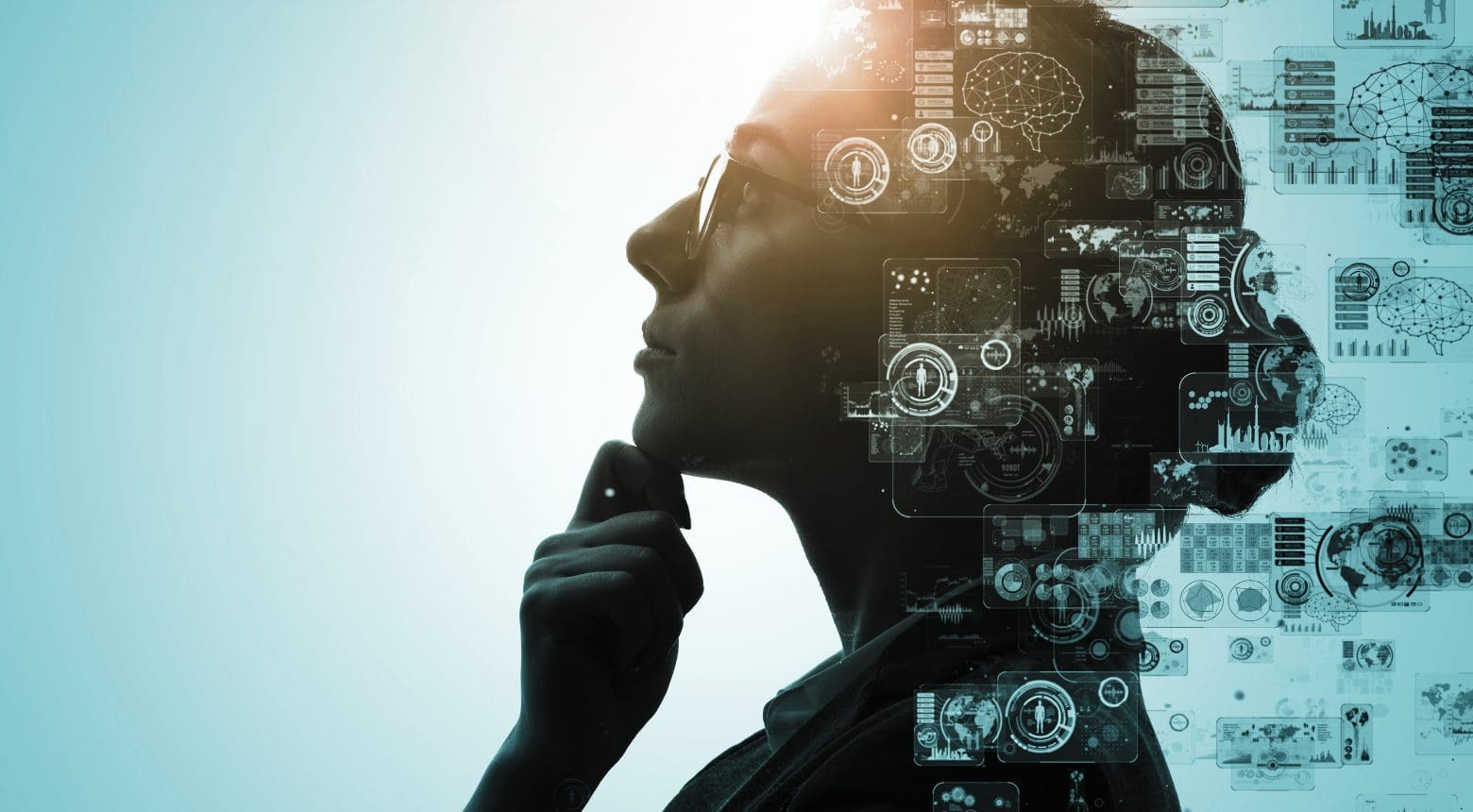 Woman with digital overlay, symbolizing marketing leadership fluencies in the AI era